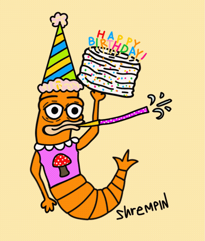 Worm with Party Hat Blowing Horn and Holding Birthday Cake