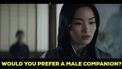 Would You Prefer A Male Companion Is Written Above A Woman 'S Face GIF