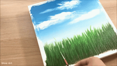 Wow Art Painting Grass With Blue Sky And Clouds GIF