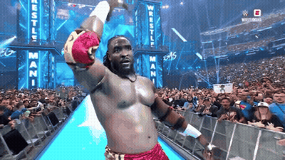 Wrestler In Front Of Crowd With Wrestlemania Sign GIF