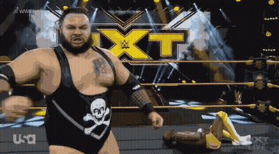 Wrestler In Skull Outfit In Front Of NXT Sign GIF