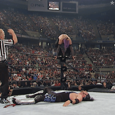 Wrestler Jumping Over Another In Ring With PSEG Sign GIF