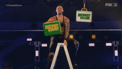 Wrestler On Ladder Holding Money Bank Briefcase GIF