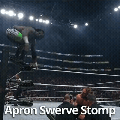 Wrestler Performing Apron Swerve Stomp In AEW Ring GIF