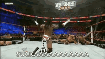 Wrestler Standing In Ring Arms Up Saying Suckaaa GIF