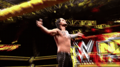 Wrestler With Arms Outstretched In Front Of WWE Logo GIF