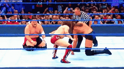 Wrestlers Fighting In Ring With Referee GIF