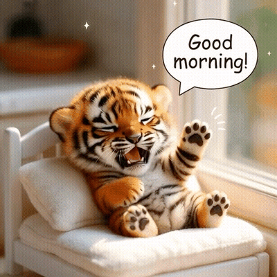 Yawning Tiger Cub With Good Morning Speech GIF