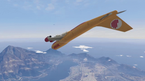Yellow Airplane With Red And White Logo Flying Over Mountains GIF