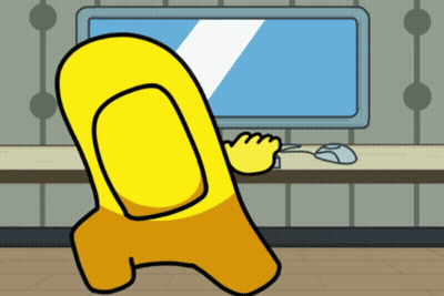 Yellow Among Us Character At Desk With Mouse GIF