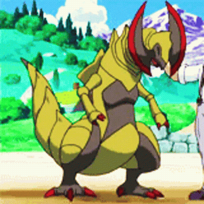 Yellow And Black Monster With Red Horns Next To Man GIF