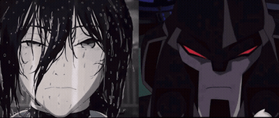 Yellow And Black Robot With Blue Eyes And Transformer Logo GIF