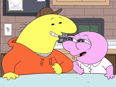 Yellow And Pink Cartoon Characters Talking GIF