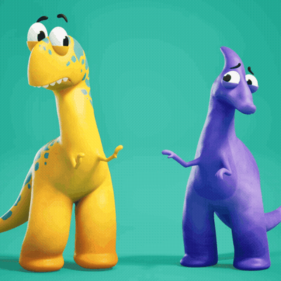 Yellow And Purple Dinosaurs Standing Together GIF