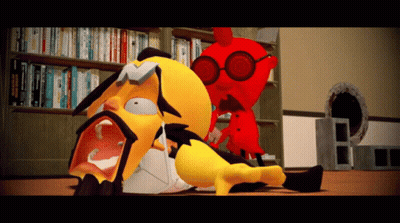 Yellow And Red Cartoon Character Laying On Floor With Mouth Open GIF