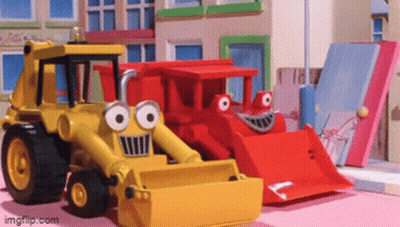 Yellow And Red Toy Bulldozers Side By Side GIF