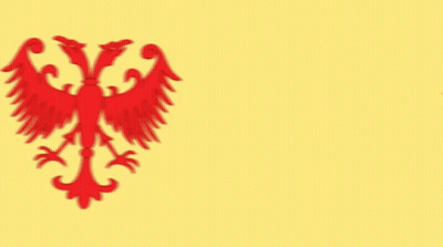 Yellow Background With Red Eagle And Two Dolphins GIF