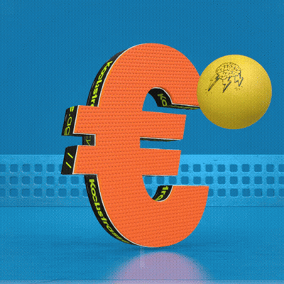 Yellow Ball Hitting Black Euro Sign On Ping Pong Table GIF