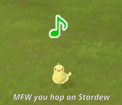 Yellow Bird Standing In Front Of Green Music Note Saying MFW You Hop On Stardew GIF