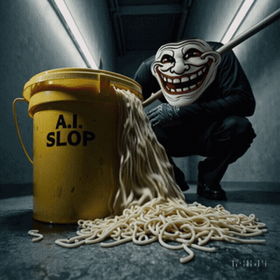 Yellow Bucket Saying A.I. Slop Filled With Noodles GIF