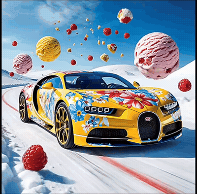 Yellow Bugatti Car With Flowers Painted On Side GIF