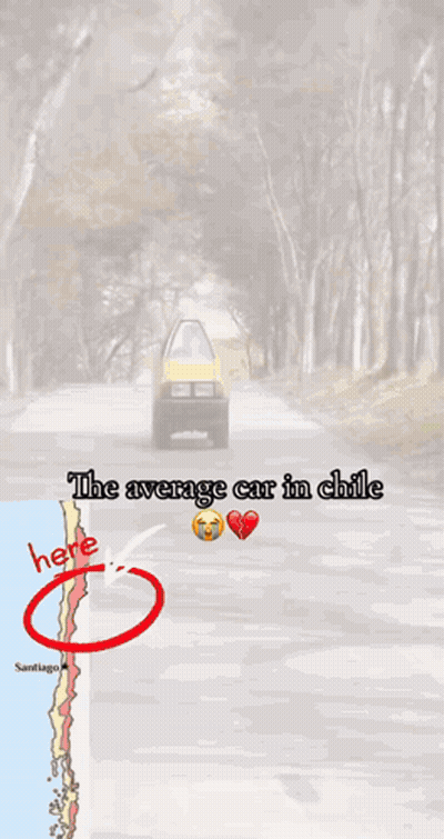 Yellow Car Driving Down Road Saying The Average Car In Chile GIF