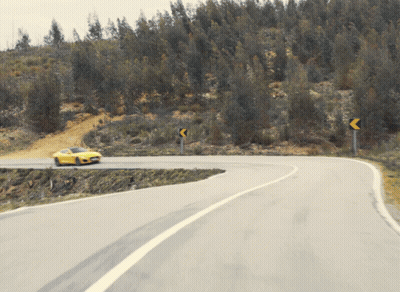 Yellow Car Driving On Road With Trees GIF