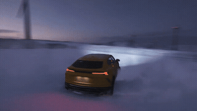 Yellow Car Driving Through Snowy Field GIF