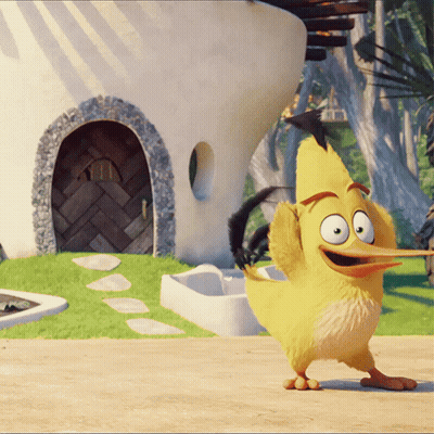 Yellow Cartoon Bird With Long Beak Standing In Front Of House GIF