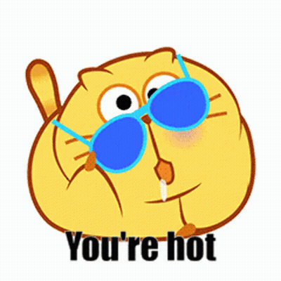 Yellow Cartoon Cat In Blue Sunglasses Saying You're Hot GIF
