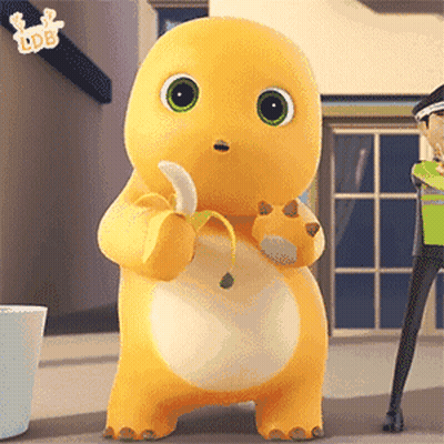 Yellow Cartoon Character Eating Banana, Police Officer Behind GIF