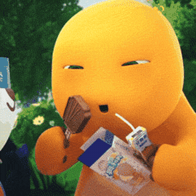 Yellow Cartoon Character Eating Chocolate Bar And Drinking Milk Carton GIF