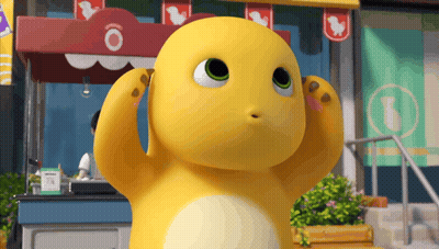 Yellow Cartoon Character In Front Of Chicken Store GIF