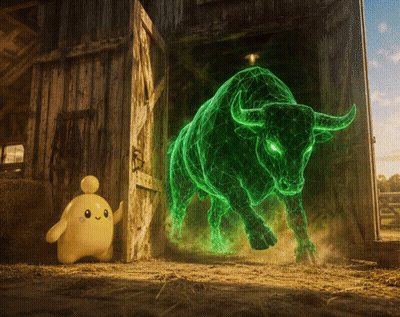 Yellow Cartoon Character Next To Green Bull In Barn GIF