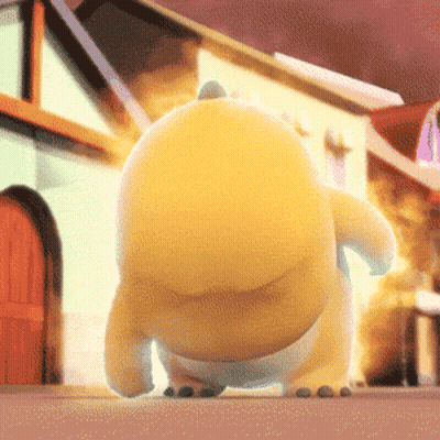 Yellow Cartoon Character Walking Down Street GIF