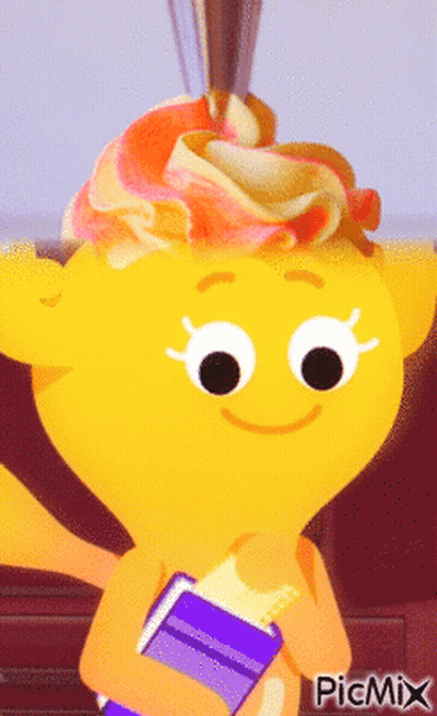 Yellow Cartoon Character With Book And Cupcake On Head GIF