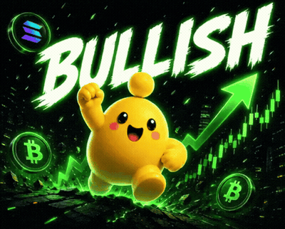 Yellow Cartoon Character With Fist In Air Saying Bullish GIF