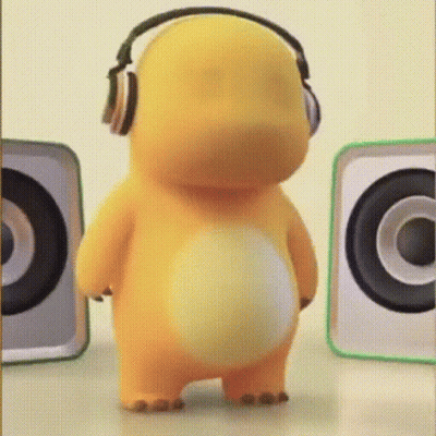 Yellow Cartoon Character With Headphones Next To Speakers GIF