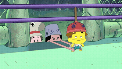 Yellow Cartoon Character With Plunger On Head In Wrestling Ring GIF