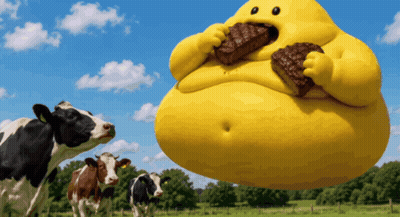 Yellow Cartoon Eating Meat While Two Cows Look On GIF