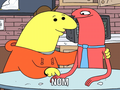 Yellow Cartoon Hugging Red Character Saying Nom GIF