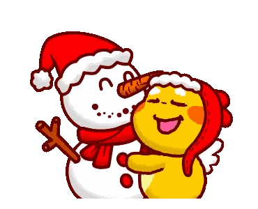Yellow Cartoon Hugging Snowman In Santa Hat Sticker