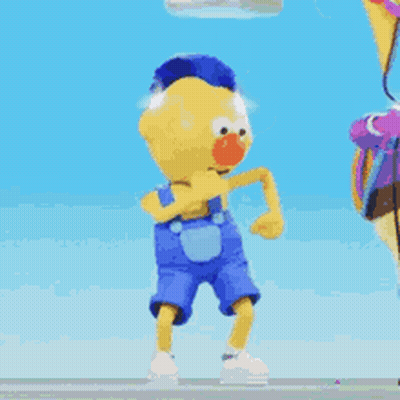 Yellow Cartoon In Blue Overalls Dancing GIF