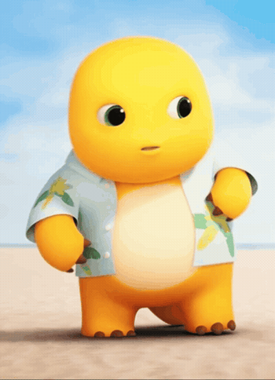 Yellow Cartoon In Blue Shirt With Palm Trees GIF