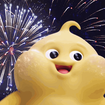 Yellow Cartoon Smiling In Front Of Fireworks GIF