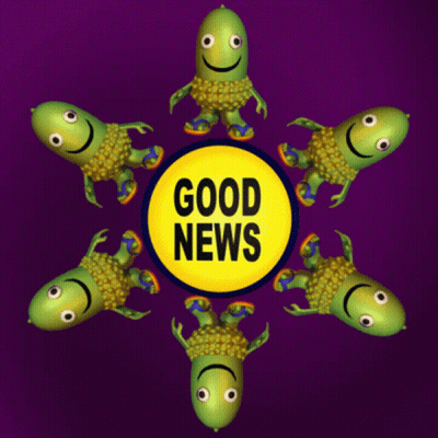 Yellow Circle With Good News And Green Frogs GIF