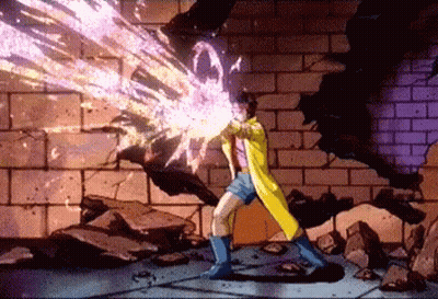 Yellow Coated Cartoon Throws Purple Lightning Bolt GIF