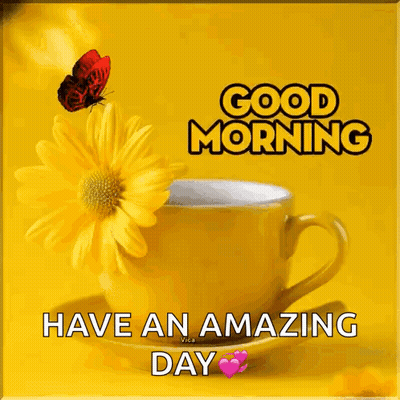 Yellow Coffee Cup With Flower And Butterfly GIF