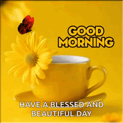 Yellow Coffee Cup With Flower And Butterfly GIF