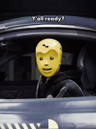 Yellow Crash Test Dummy Sitting In Car Saying Y'all Ready GIF